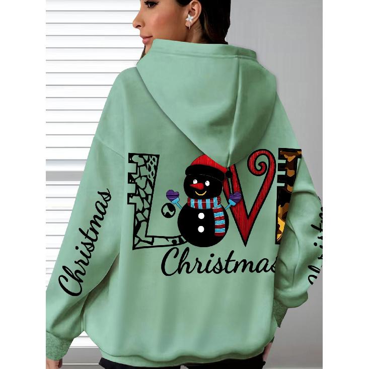 Christmas Hoodie Women, Snowman Print, Long Sleeve, Kangaroo Pocket, Drawstring, Casual Pullover, LOVE Christmas