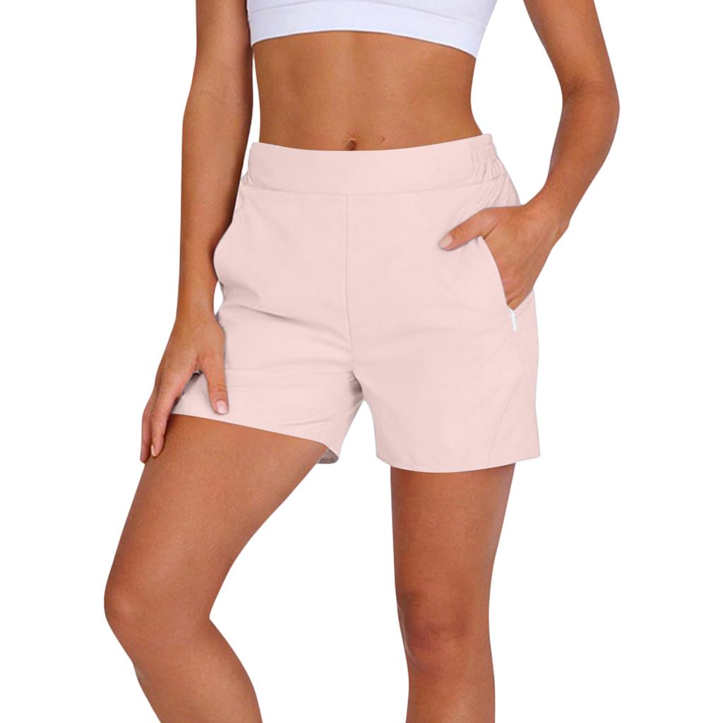 Women's Fashion Solid Color Athletic Casual Elastic Waistband Shorts with Zipper Pockets for Outdoor and Leisure Activities
