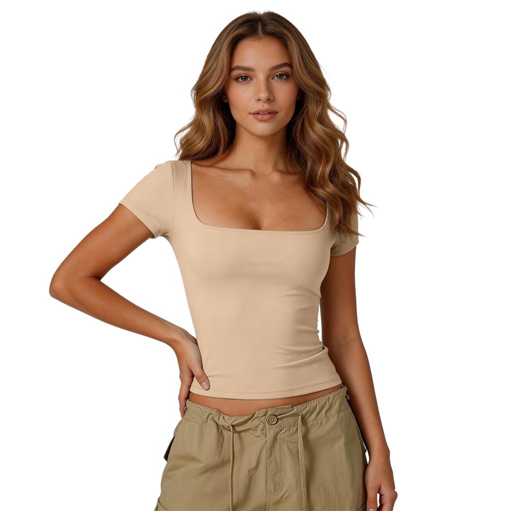 Dames T-shirt met korte mouwen, vierkante hals, aansluitend, zacht, rekbaar, geribd gebreid, basic top voor dagelijks gebruik, om te layeren
