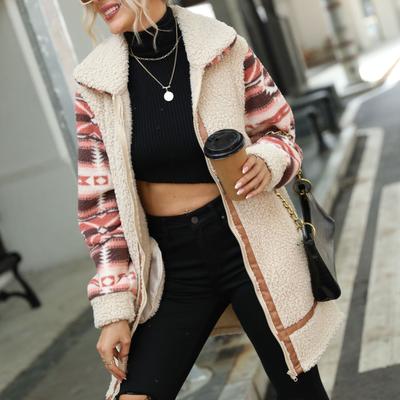 Herbst- und Winter-Damen-Plüschjacke, körniger, farbblockierender, bedruckter Reversmantel mit langem, gespleißtem Reißverschluss