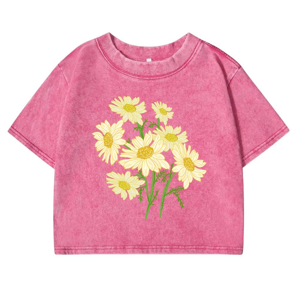 Yellow Flowers Craetive Prints Washed T-Shirt Women Slim Cotton T Shirts Short Sleeve Casual Crop Tops