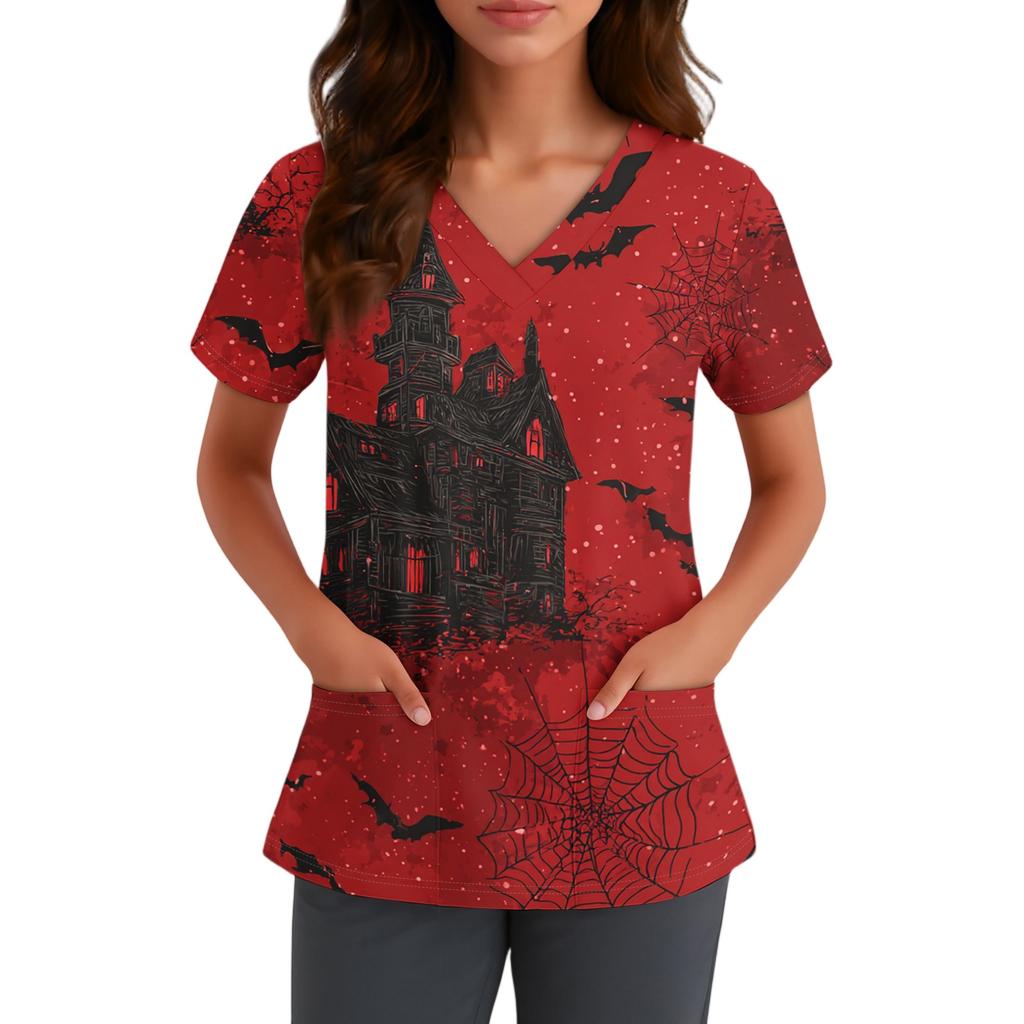 Women V Neck Short Sleeve Halloween Print Top with Pocket Scrub Shirt for Healthcare Professionals Uniform