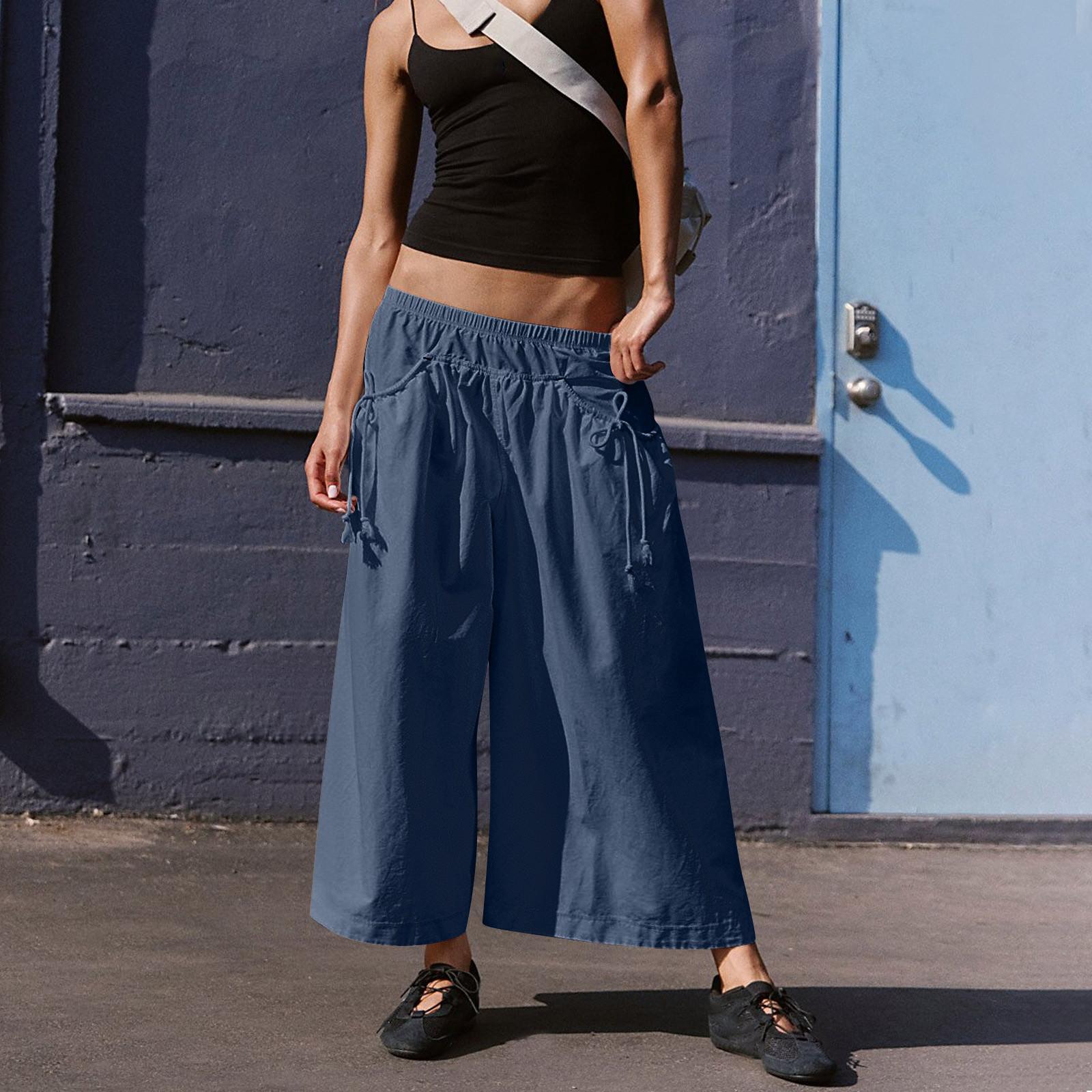 

Women s Loose Wide Leg Track Pants Step By Step Pants Summer Wide Leg Casual Pant With Big Ruched Pockets XL синий