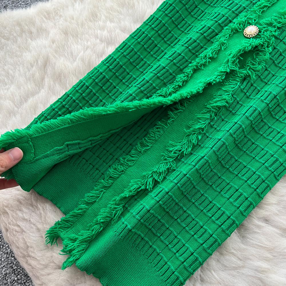 Neue Damenkleider Herbst Winter Vintage Patchwork Strick-Midikleid Elegant V-Ausschnitt Damen Rüschenhemd Pulloverkleid