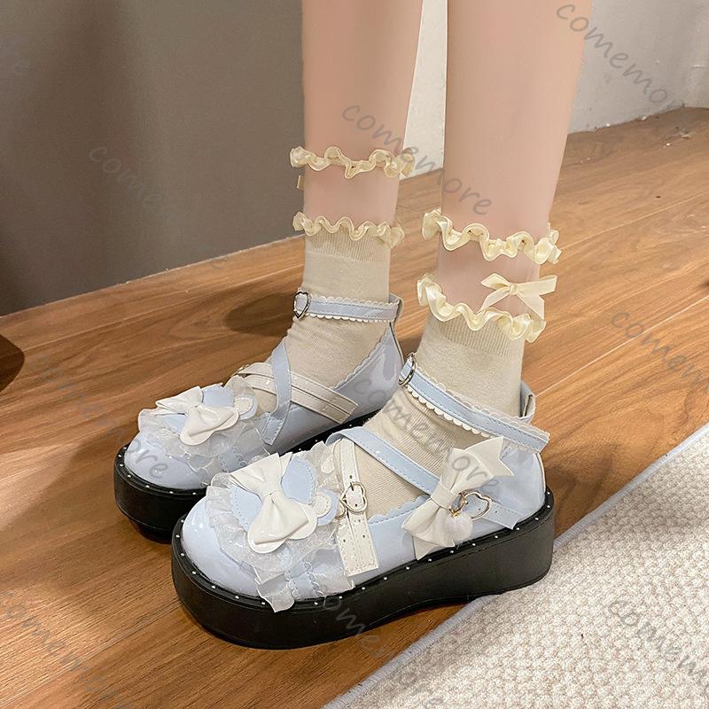 Comemore Sweet Girls Lolita Flat Platform Female Students Lace Bowknots Cute New Buckle Casual Girls Mary Janes  Shoes