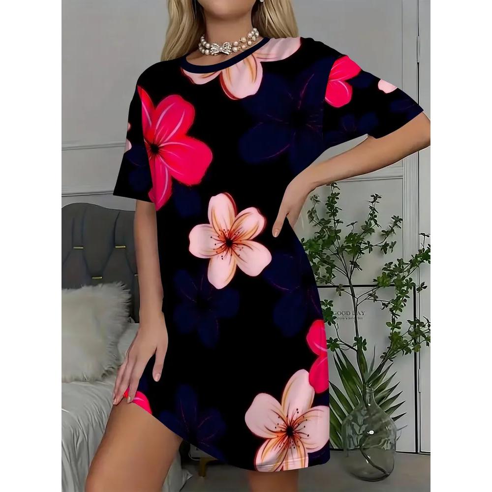 Casual Versatile T-shirt Dress Comfortable Loose Crew Neck Casual Dresses