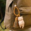 Cartoon Animal Wooden Carved Cat Keychain Weave Rope Carved Cat Keyring  Gifts