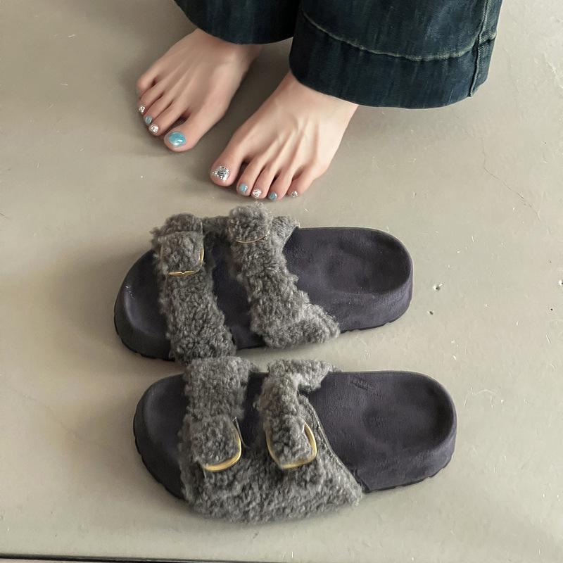 Piaohong versatile retro style buckle one-word fluffy slippers women's 2025 autumn and winter new outer wear home open-toed cotton shoes