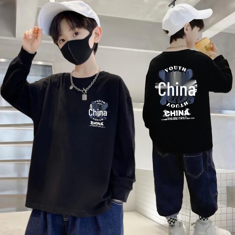 100% Pure Cotton Boys' Long-Sleeve T-Shirt - Autumn Loose Fit, Round Neck, for Middle and Big Kids, National Tide Style