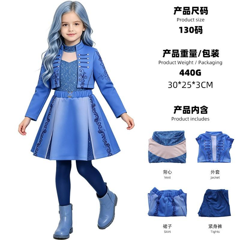 Descendants dark wonderland blue princess chloe cosplay costume halloween girl blue princess dress