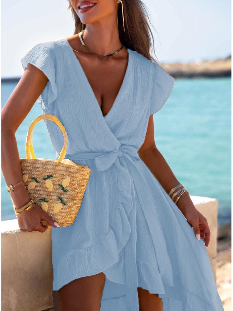 2026 Summer Asymmetrical V-Neck Beach Dress – Women's Vacation Style