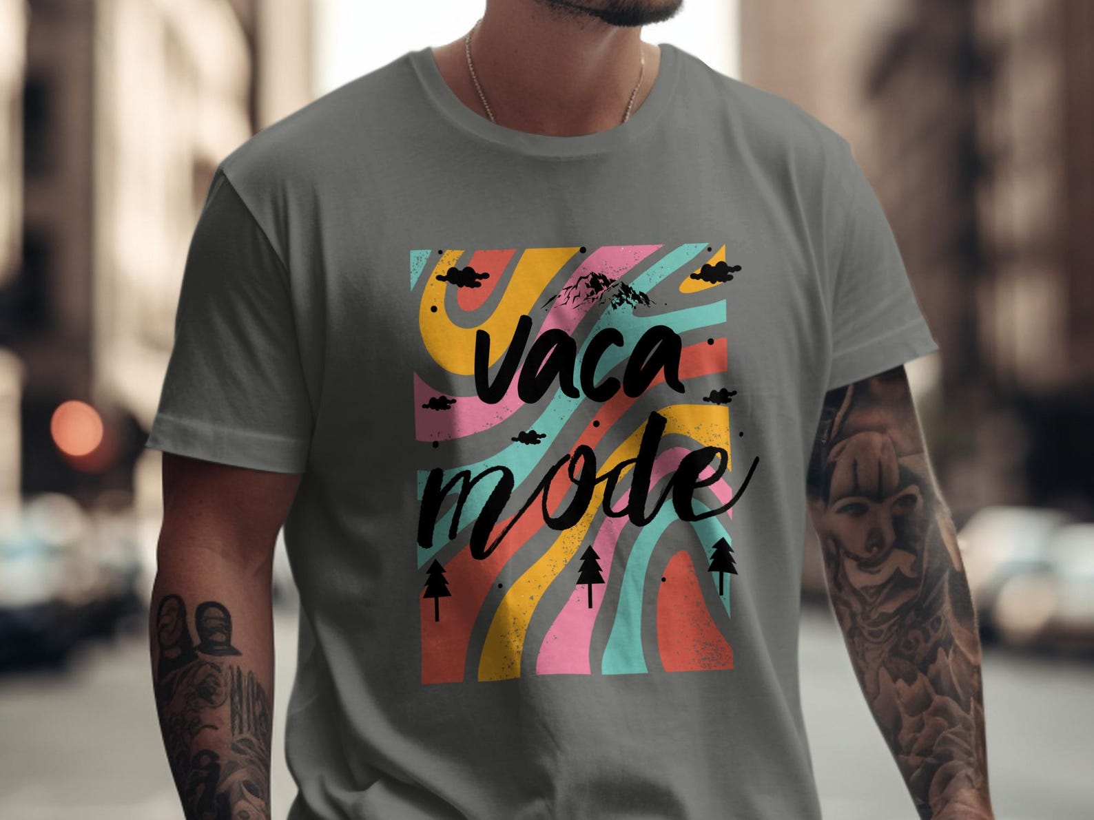 Vaca Mode T-Shirt, Retro Colorful Vacation Tee, Summer Travel Adventure Shirt, Mountain Pine Tree Beach Trip Gift For Her 4XL