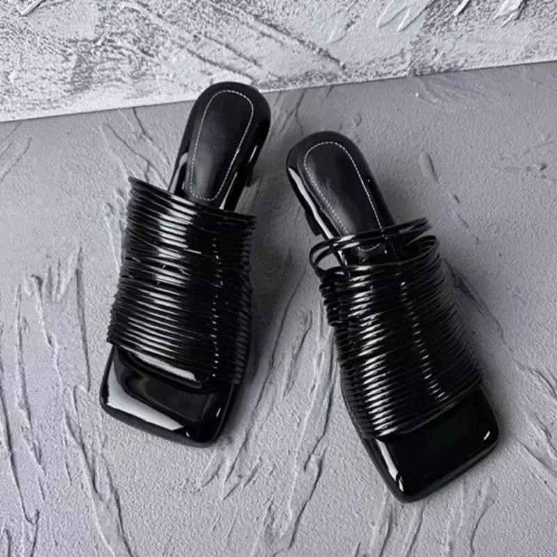 

Дизайнерские женские шлепанцы летние с квадратным носком на шпильке, модные повседневные полушлепанцы для женщин, дизайнерские шлепанцы Sandalias Mujer 35 чёрный