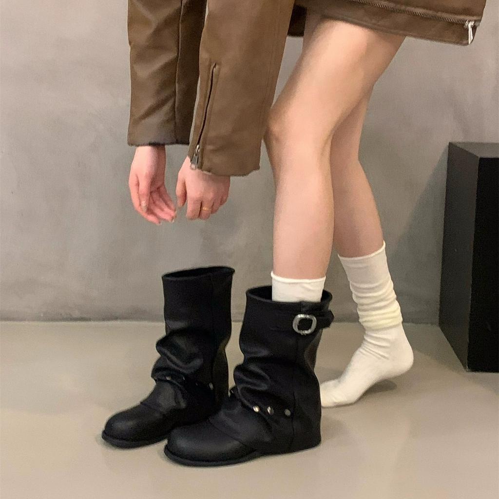 Thick heel black Martin boots women's boots 2025 new spring and autumn motorcycle mid-leg boots trouser tube boots with skirt boots