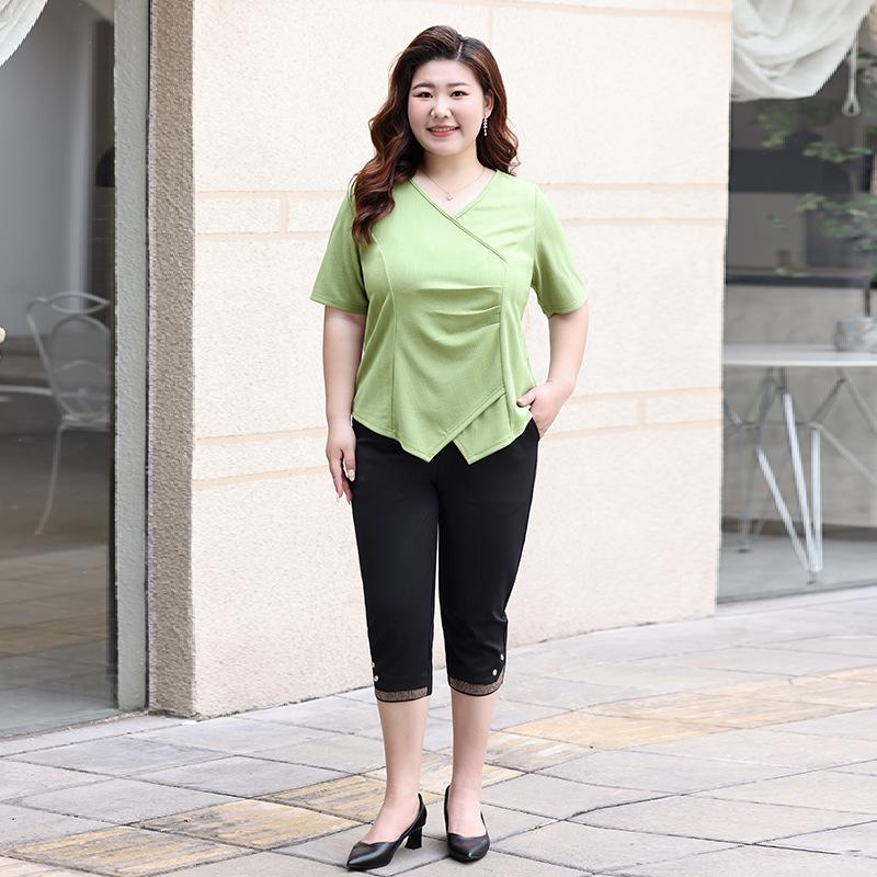 Plus Size Women's Summer New Irregular Fashion Slimming V Neck Short Sleeved T Shirt