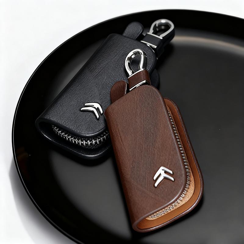 AJFJ2 Leather Citroën Key Fob Holder Car Key Case Protector for DS C3 C4 C5 Picasso Models - Premium Business Gift (Black/Brown)