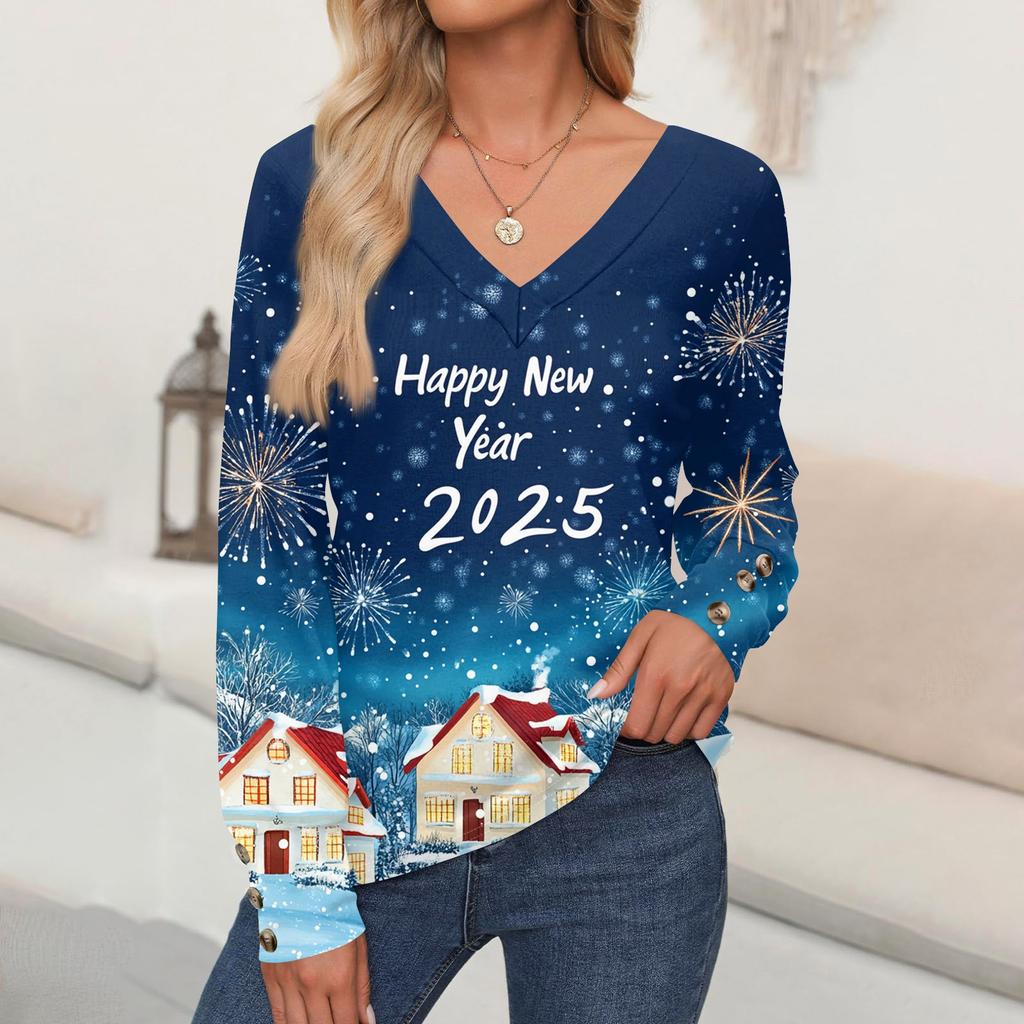 Damenmode Lässig Langarm Weihnachten Bedruckt V-Ausschnitt Pullover Top