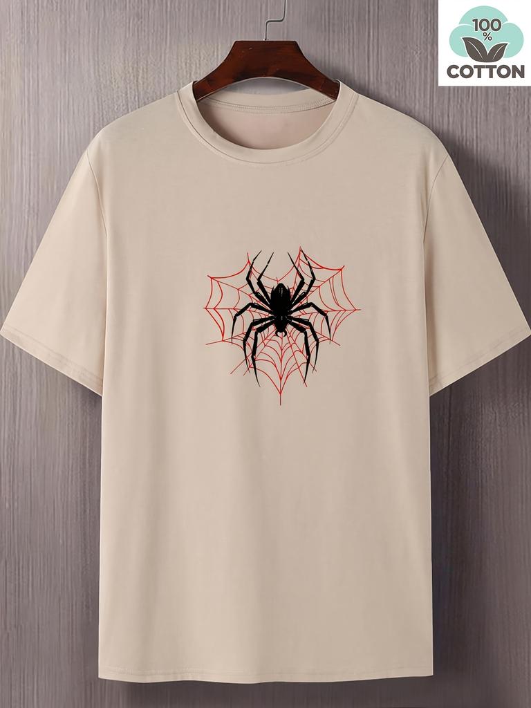 Mens Cotton TShirt Red Spider Web with Black Spider Print Casual Crew Neck Short Sleeve Summer TShirt