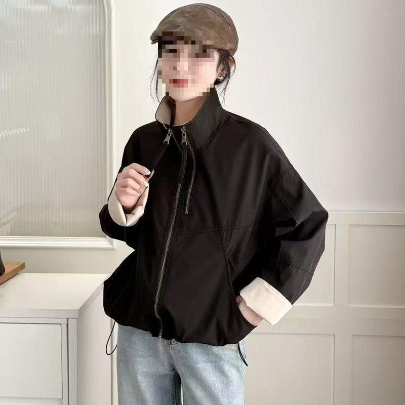 European Style Stand Collar Double Zipper Women's Color Block Jacket - 2025 Spring Casual Loose Fit