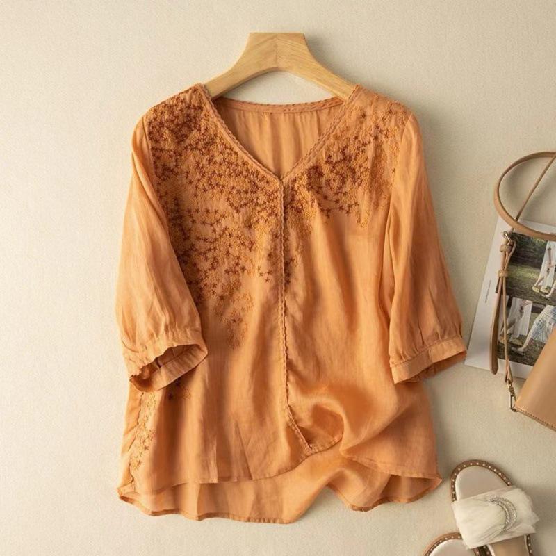 2024 Summer Embroidered Lace Cotton Linen Plus Size Short Sleeve Slimming Blouse