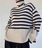 Women's High Neck Knitted Sweater - Retro Striped Design, Loose Fit, Autumn/Winter 2023, Korean Style.