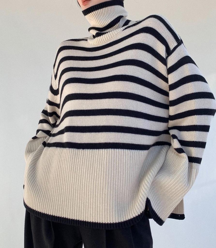 Women's High Neck Knitted Sweater - Retro Striped Design, Loose Fit, Autumn/Winter 2023, Korean Style.