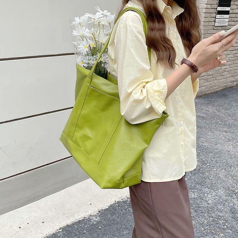 Early Spring Avocado Green Soft Large Capacity Tote Bag Commuter Bag Cream White Shoulder Bag