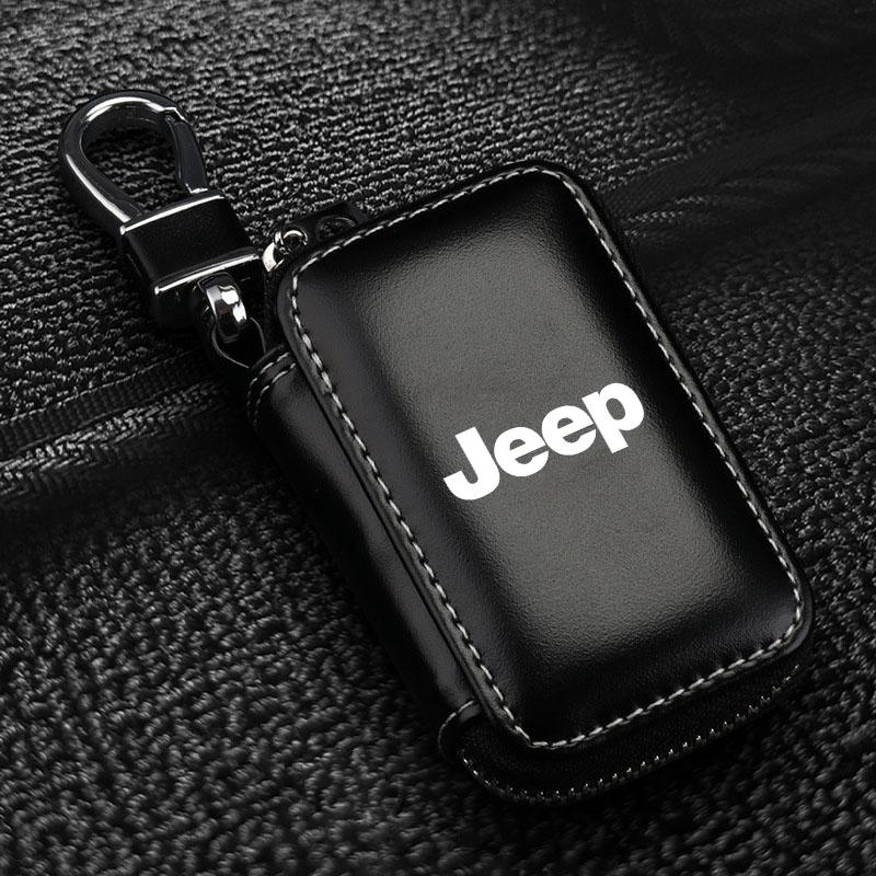 1Pcs Leather Emblem Car Key Case Keychain Zipper Key Case Bag for Jeep Grand Cherokee Xj Wk2 Wj Wrangler Jl Compass Commander Car Accessories