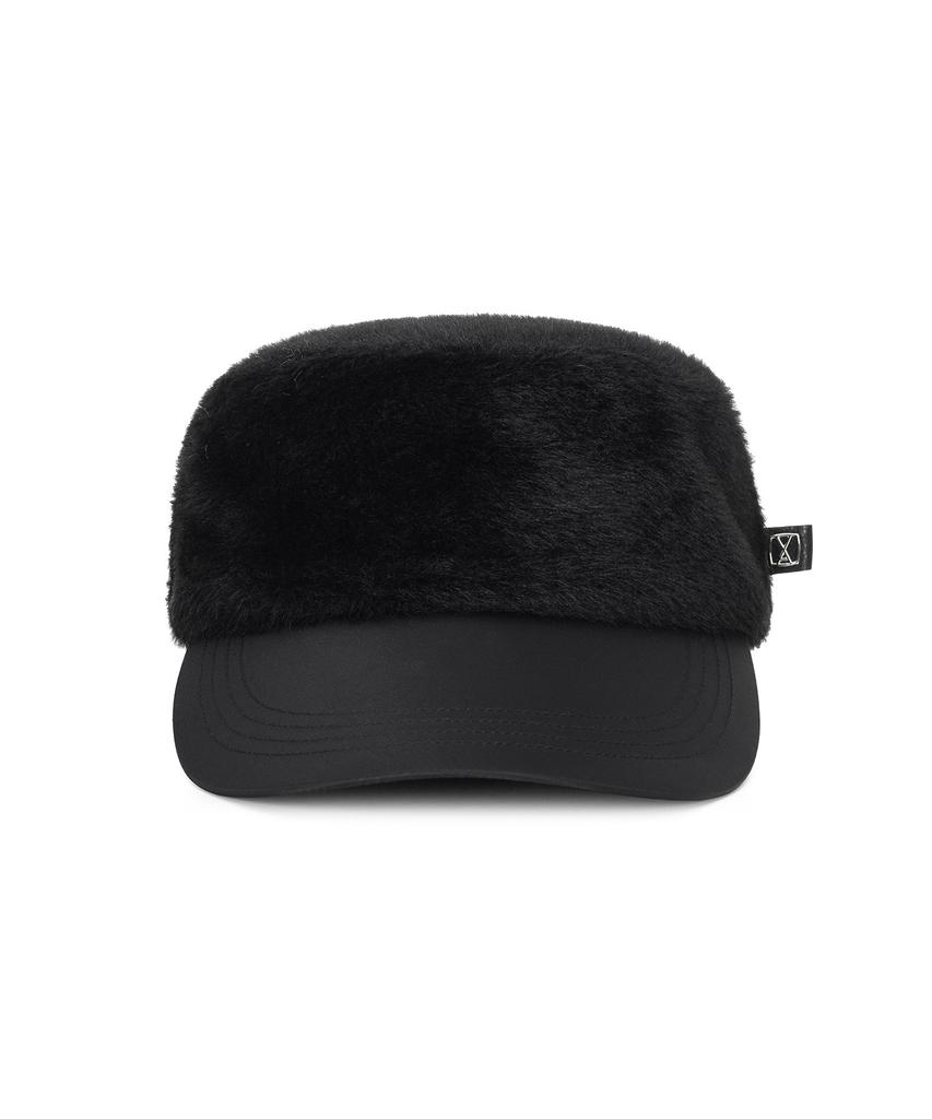Bajal Va Square Fly Label Fur Bellboy Cap Black