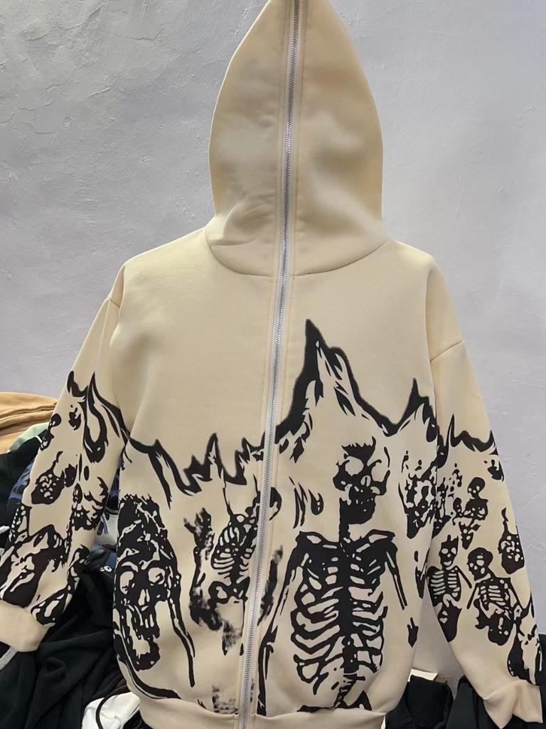 Y2k hoodie gothic zip sweater skull sweatshirt jacket hooded cardigan full face sweater