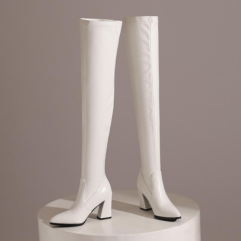 

Женские сапоги на высоком каблуке, сексуальные, в европейском и американском стиле, с острым носком, на толстом каблуке, однотонные, большого размера, ботфорты до колена с эластичной голенью 50 белый