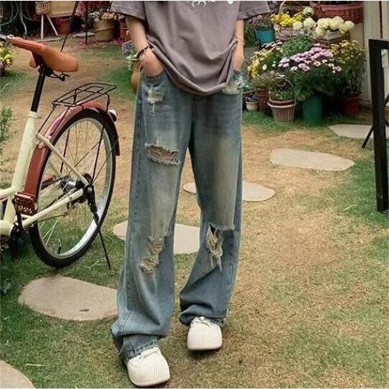 Oversized American Style Distressed Jeans for Women High Waisted Straight Leg Loose Fitting Jeans for Slimming and High Street Vibe Wide Leg Mop Pants