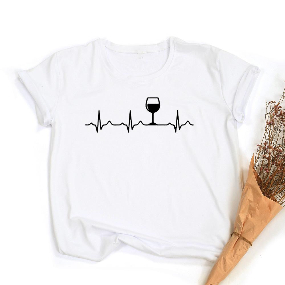 Wine Heartbeat Print T Shirt Women Short Sleeve Round Neck Summer Female Funny Tee Tops