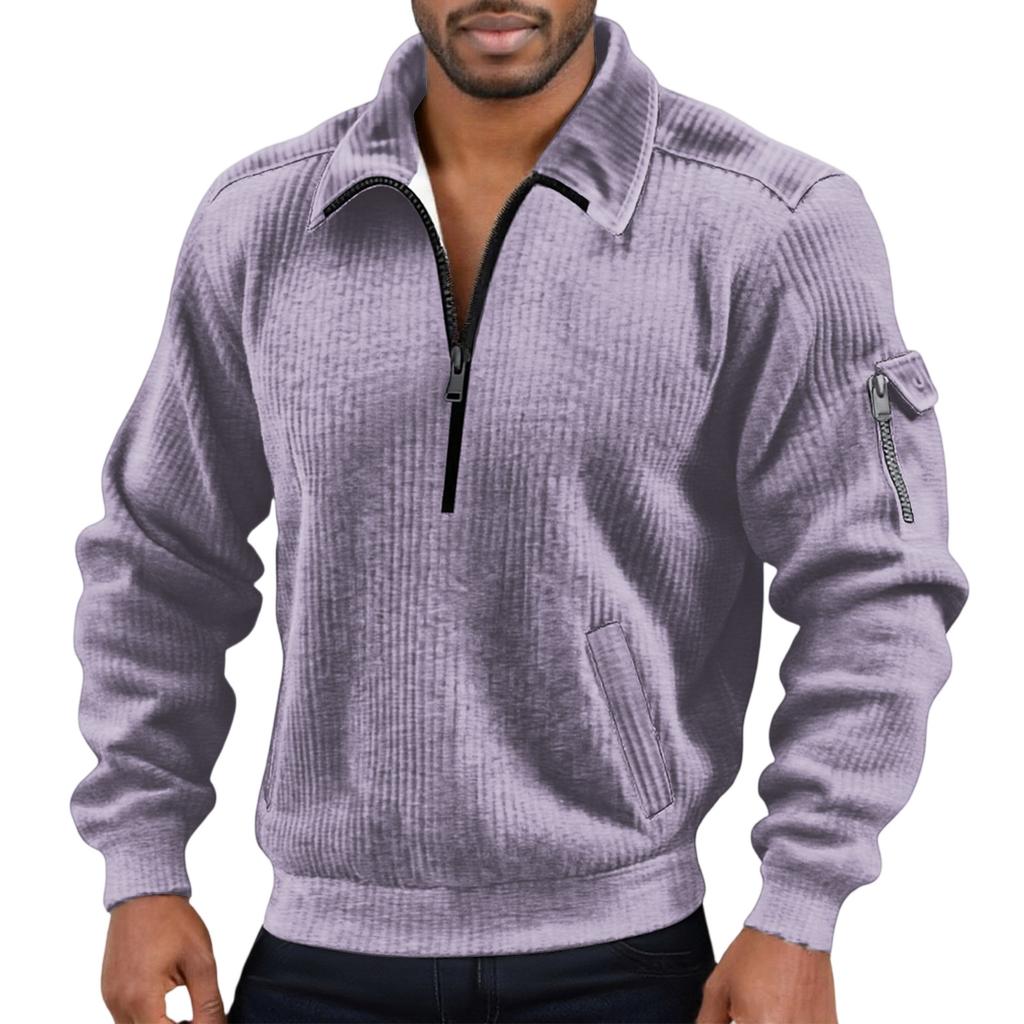 Men's Solid Color Corduroy Zipper Neck Long Sleeve Top Men's Casual Lapel Top