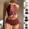 European & American Women’s Hot Spring Conservative Solid Color Backless Bikini Swimsuit
