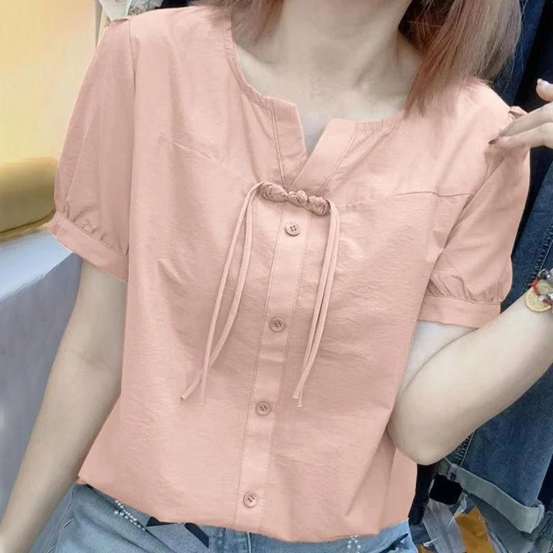 Chemise d'été pour femme, design fin, style chinois, manches courtes, couleur unie, blouse ample