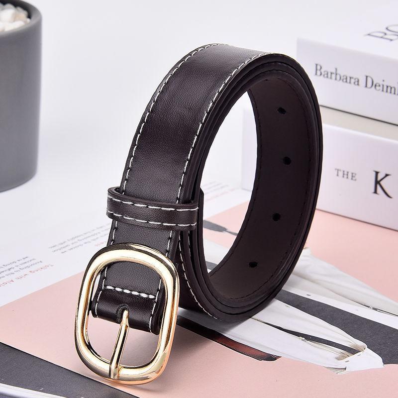 

Корейские женские классические джинсы из денима с модным черным ремнем для повседневных шикарных нарядов Square Buckle Brown