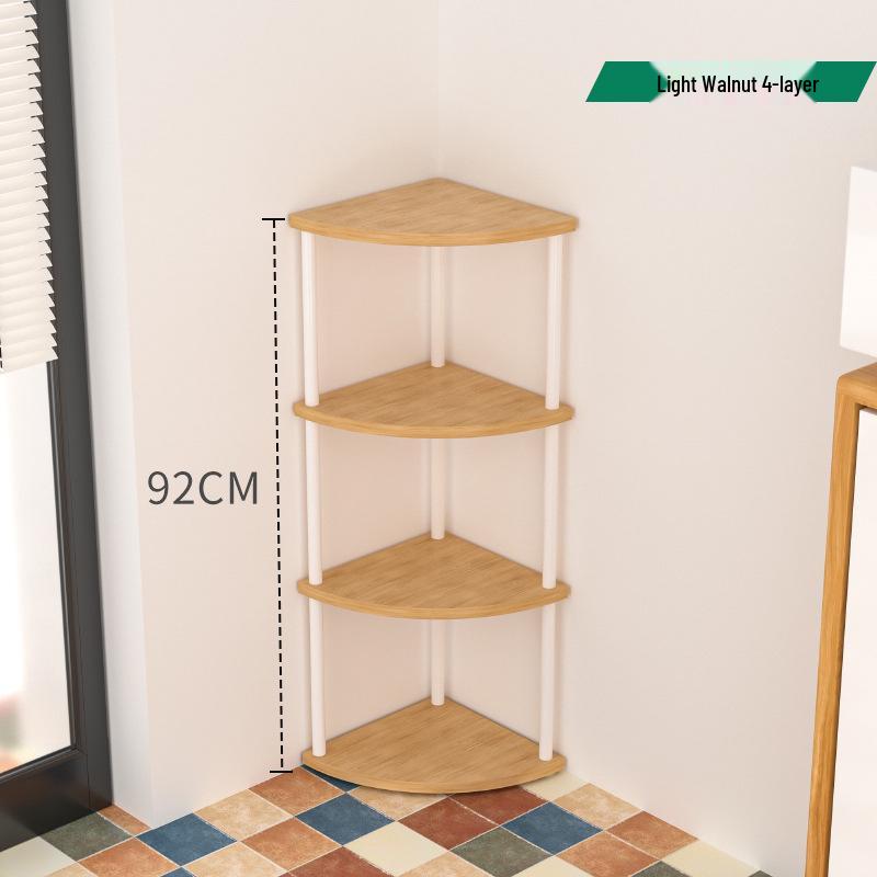 Triangular Corner Cabinet with Multi-Layer Storage and Display Shelves for Living Room or Bedroom.