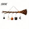 Retro Pastoral Style Decorations Halloween Witch Broom Wall Decor with LED Light, Thanksgiving Fall Front Door Indoor Outdoor Holiday Sign Pumpkin