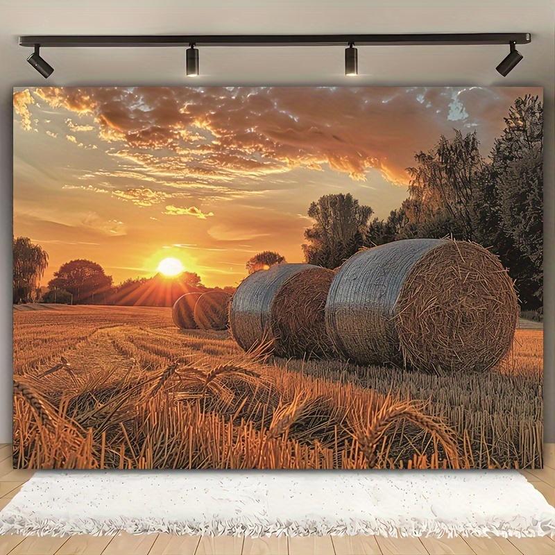 1 piece Autumn Harvest Sunset Background - Grass Pile and Wheat Field Scene No Electricity Required Outdoor Garden Decoration 180X110