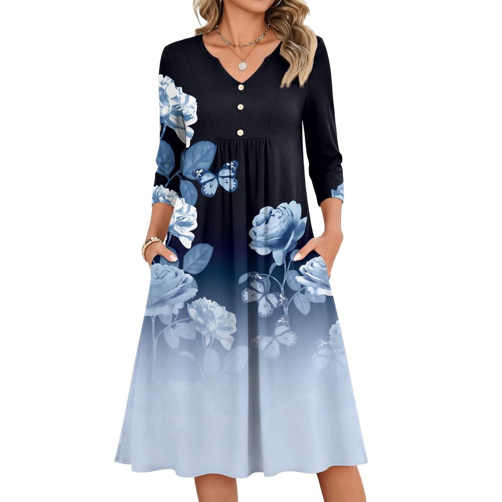 Women's Fashionable Floral Print V-Neck Three-Quarter Sleeve Casual Summer Dress