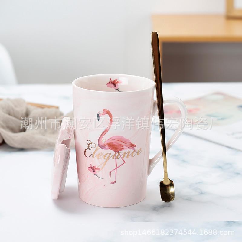 Flamingo With Lid Spoon Marble Pattern Ceramic Water Cup Couple High Value Creative Coffee Cup