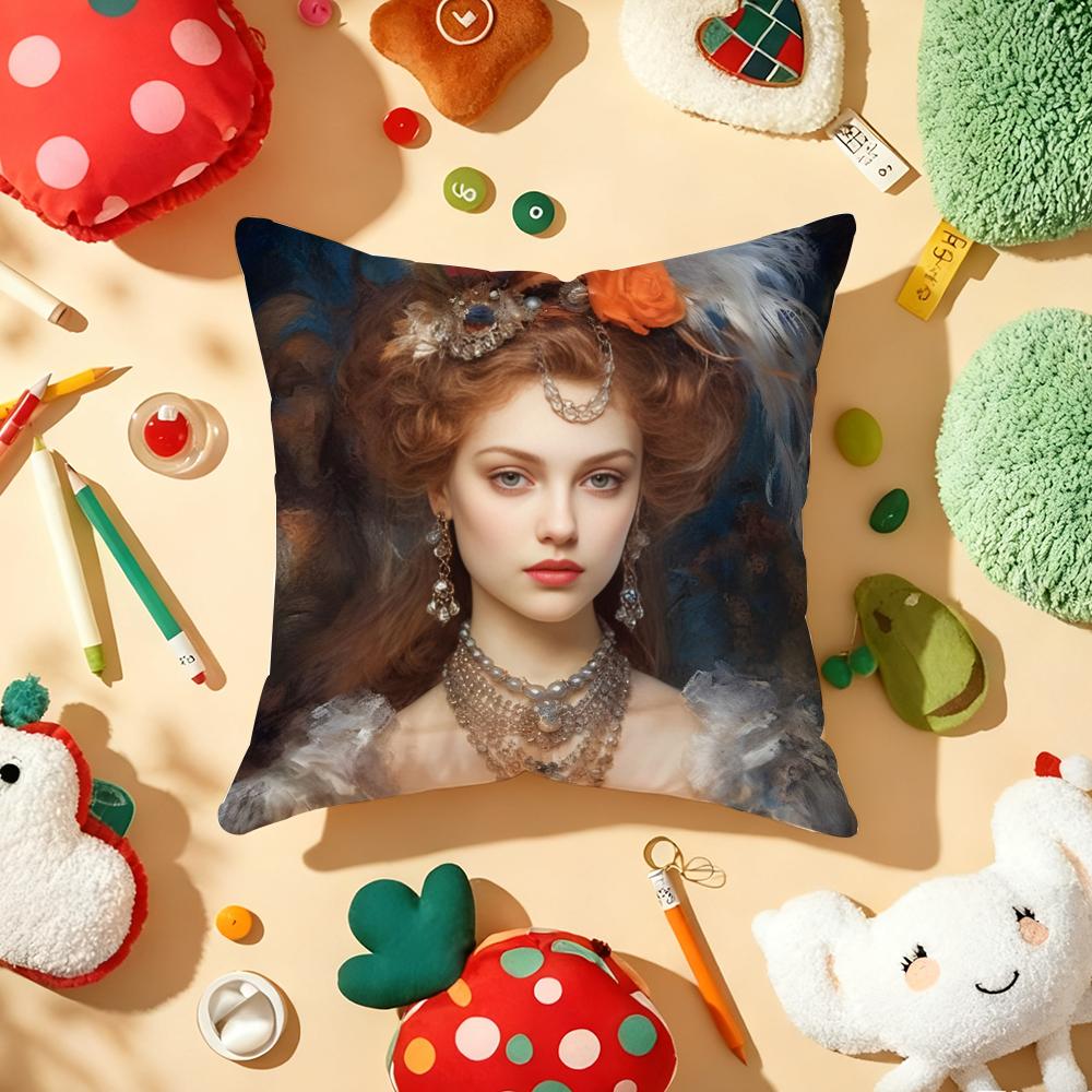 Medieval European Lady Cushion Cover Plush Fabric Soft DoubleSided Printed Sofa Warm Winter Home Gift Pillow Cover