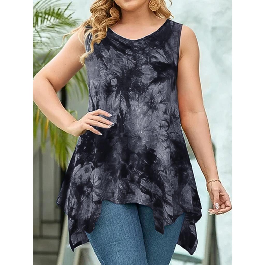 Summer Tie Dye Print V Neck Irregular Hem Sleeveless Plus Size T-shirt Top for Women