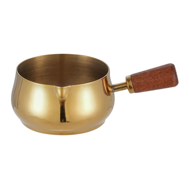 Stainless Steel Pouring Cups With Wooden Handle Stackable Dip Saucers For Heating Butter And Preparing Coffee