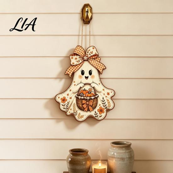 Autumn Porch Hanging Ornament Cute Bow Ghost Sign, Rustic Retro Floral Door Sign with Pumpkin Pastoral Hanger Basket, Vintage Halloween Wooden Pendant
