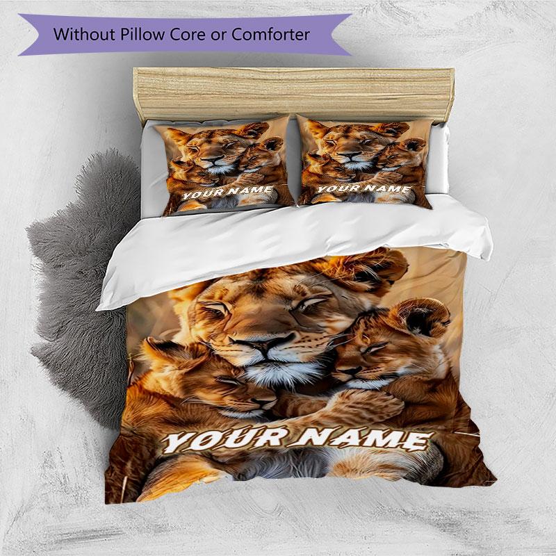 3PC Custom Name Lion Family Hug Bedding Set Duvet Cover Closure Includes 1 Duvet Cover & 2 Pillowcases for Bedroom