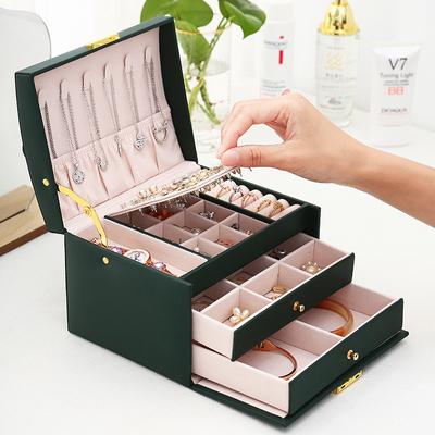 Simple Three-layer Leather Drawer Jewelry Box, Earrings, Jewelry Storage Box, Earrings, Earrings, and Locked Jewelry Box.
