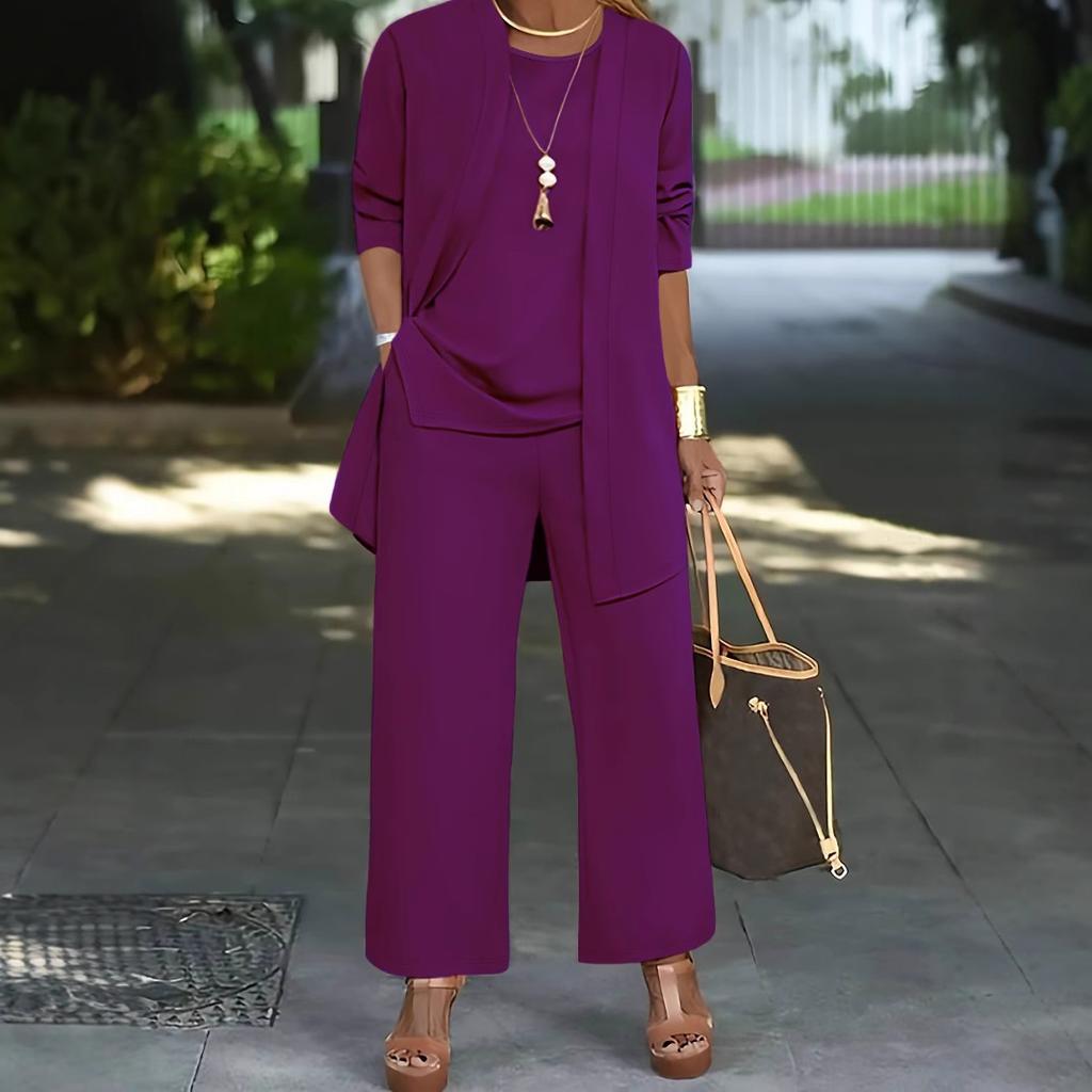 Women's Loose Fit Three-Piece Matching Set Long Sleeve Cardigan Wide Leg Pants Casual Outfit Set
