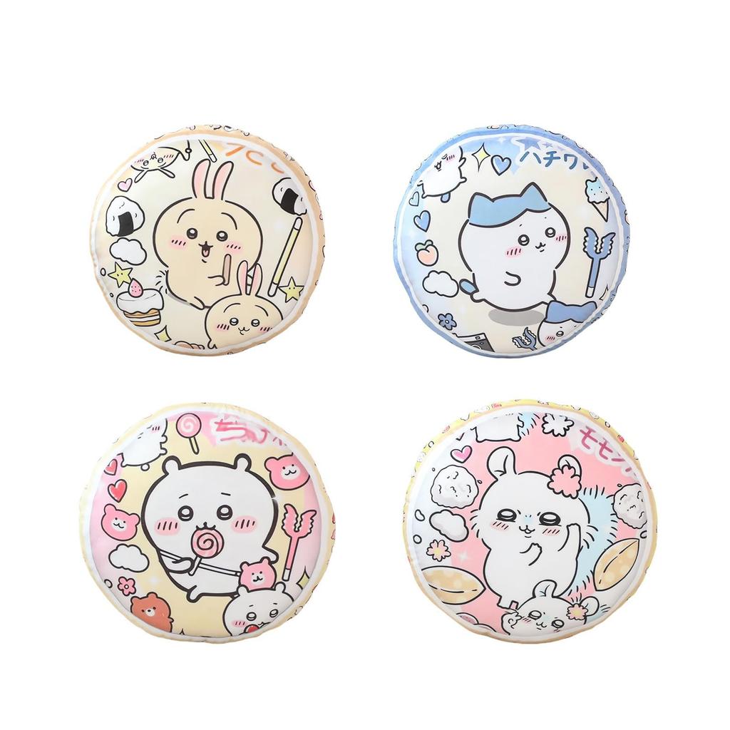Soft, round plush pillow featuring a flaming hachiware rabbit and flying squirrel. Perfect for car, chair, or other use. Highly resilient, it's a